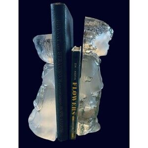 Viking Glass Country Boy & Girl Bookends Vintage Clear And Frosted  7 1/2-8”.